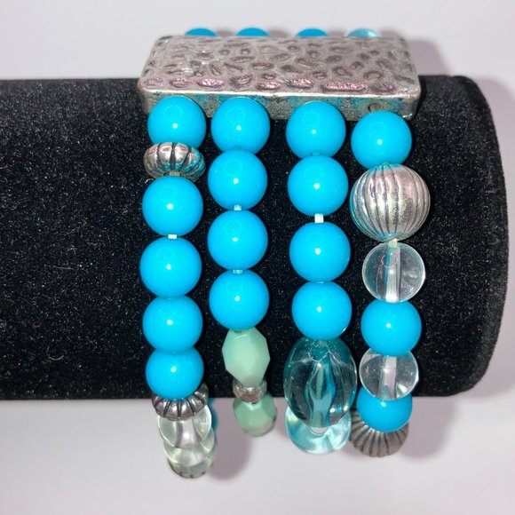 Turquoise Colored, Silver-Tone, Clear Beaded 4-Strand Bracelet! - Picture 7 of 8